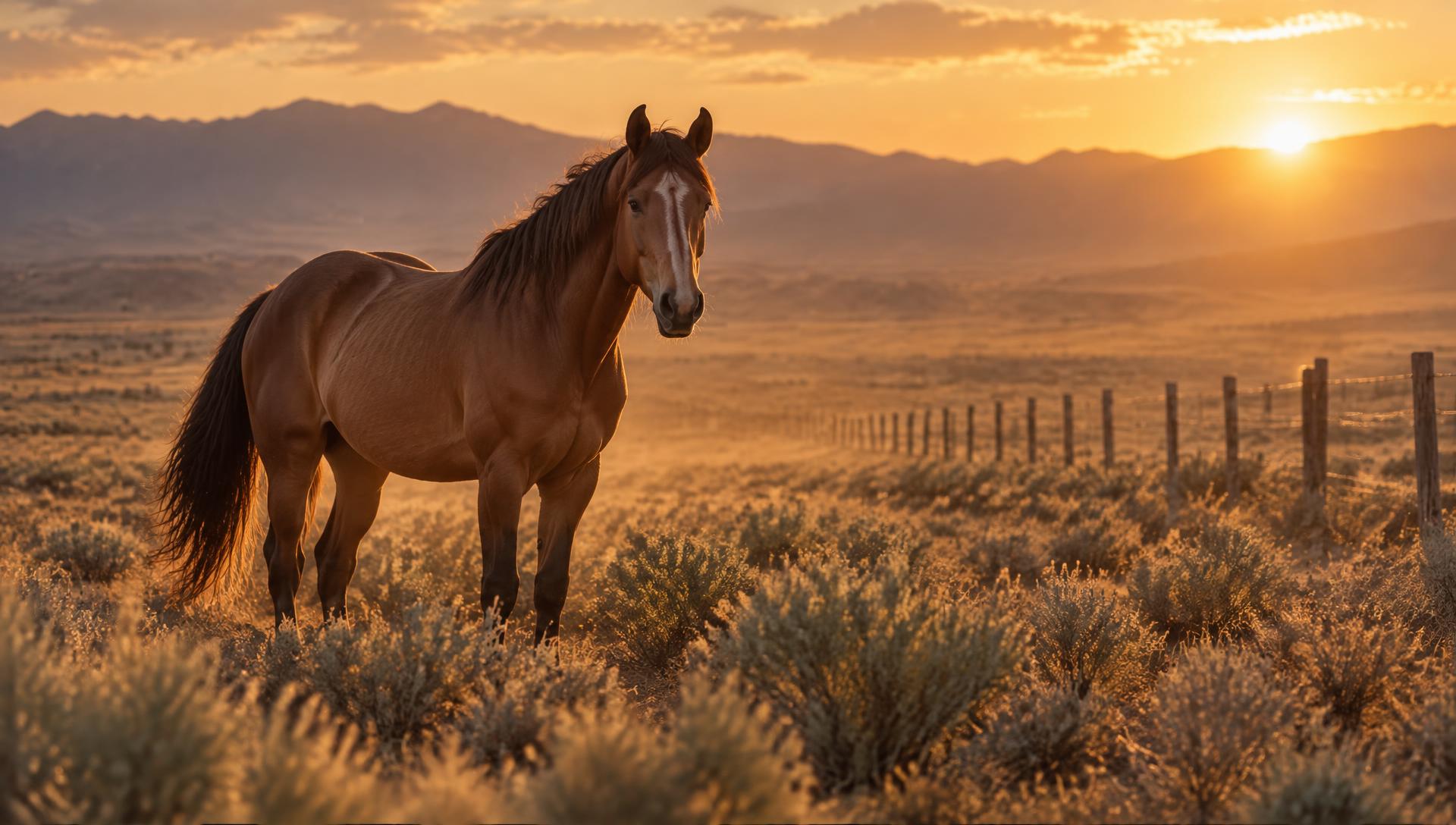 A wild mustang standing on open range at golden hour
